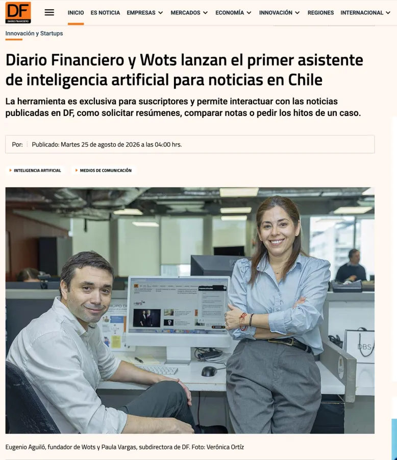 Diario Financiero y Wots lanzan asistente de IA para noticias